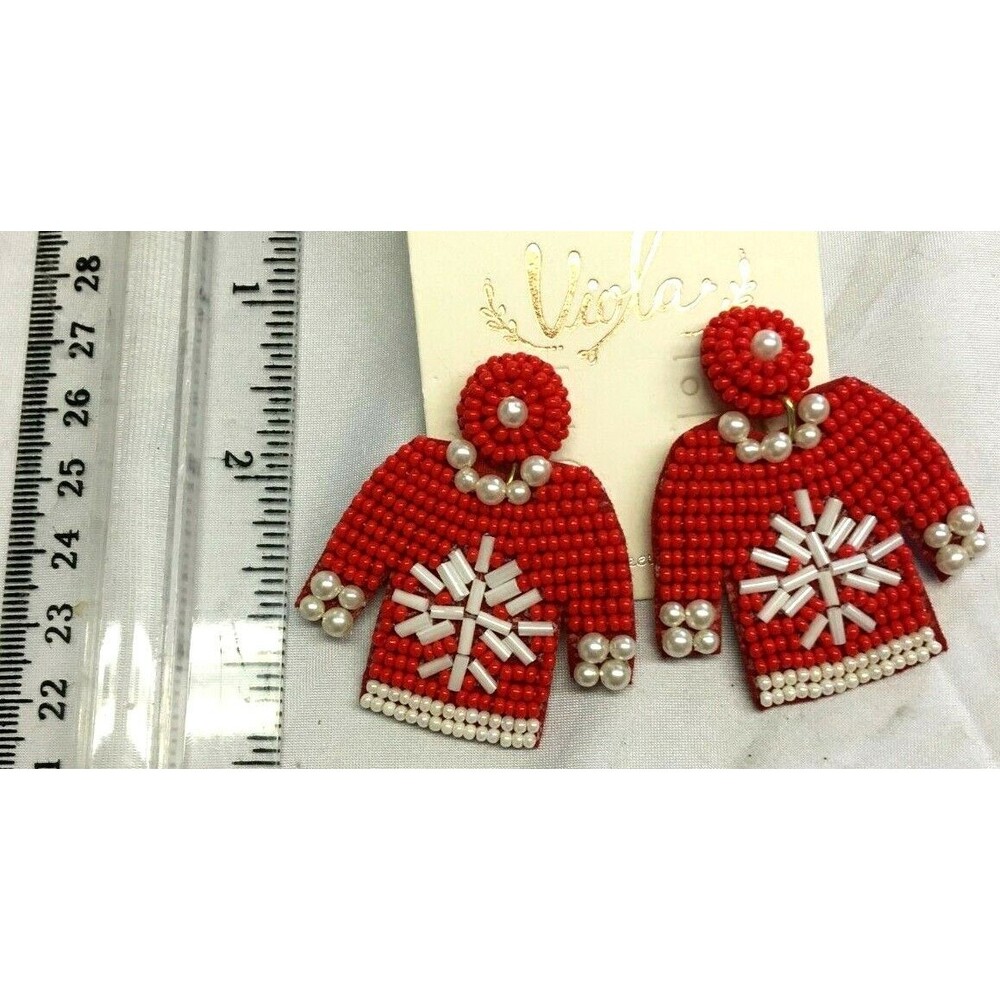 Beaded Earrings Winter Holiday Christmas Sweater Red White Snowflake NWT